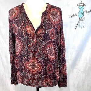 Lucky Brand pleated dark red mandala boho peasant top size large
